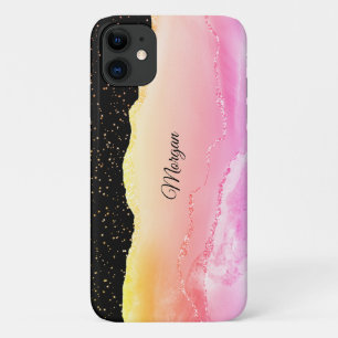 ピンク&イエローグラデーションアゲート、金ゴールド星、DIY名 iPhone 11 ケース
