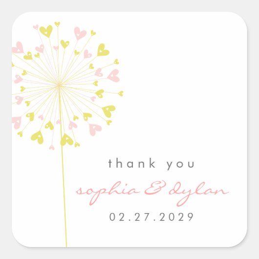 ピンク&イエロータンデリオンフラワーラブハート結婚ズ スクエアシール (正面)