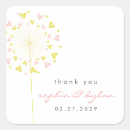 ピンク&イエロータンデリオンフラワーラブハート結婚ズ スクエアシール