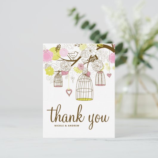 ピンク&イエローバードケージロブバードありがとう ポストカード (スタンド正面)