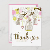 ピンク&イエローバードケージロブバードありがとう ポストカード (正面/裏面)