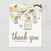 ピンク&イエローバードケージロブバードありがとう ポストカード (正面)