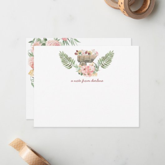 ピンク&イエローフローラブーケヴィンテージカート ノートカード (正面/裏面インサイチュ)