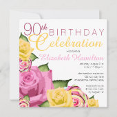ピンク |イエローフローラ90誕生祝い 招待状 (正面)