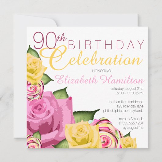 ピンク |イエローフローラ90誕生祝い 招待状 (正面)