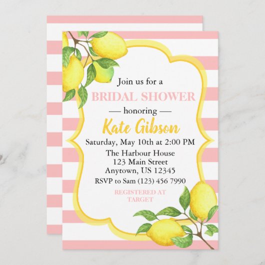 ピンク&イエローレモンフローラベビーシャワー 招待状 (正面/裏面)