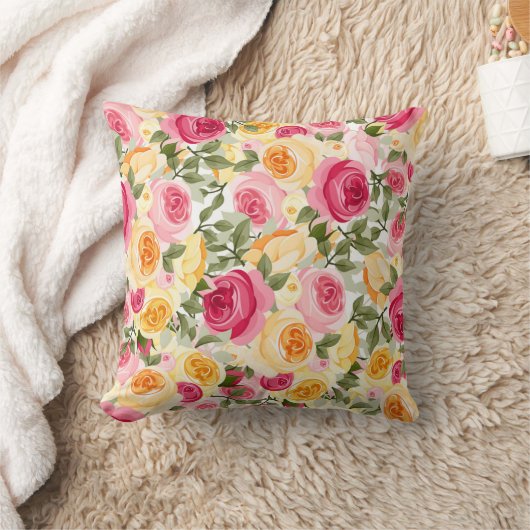 ピンク&イエローローズファームハウスシャビーシックフローラ クッション (ブランケット)