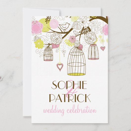 ピンク&イエローヴィンテージバードケージ結婚式招待状 招待状 (正面)