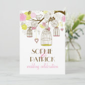 ピンク&イエローヴィンテージバードケージ結婚式招待状 招待状 (スタンド正面)