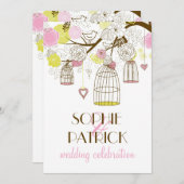 ピンク&イエローヴィンテージバードケージ結婚式招待状 招待状 (正面/裏面)