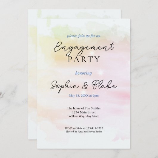 ピンク&イエロー抽象芸術水彩婚約パーティ 招待状 (正面/裏面)