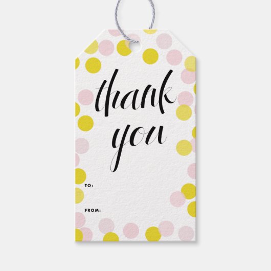 ピンク&イエロー紙吹雪水玉模様ありがとう ギフトタグ (正面)