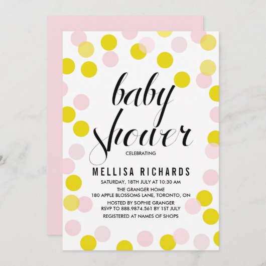 ピンク&イエロー紙吹雪水玉模様ベビーシャワー 招待状 (正面/裏面)