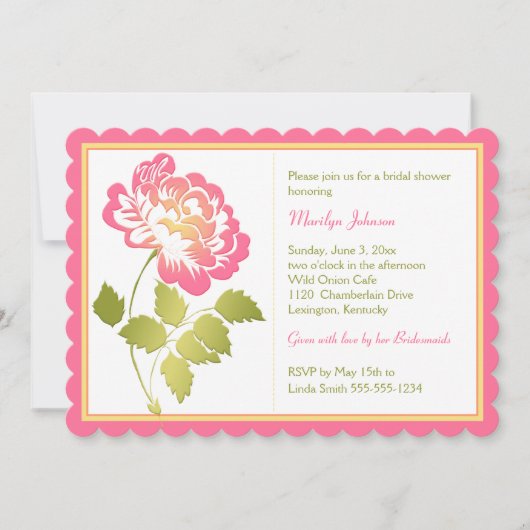 ピンク、イエロー、グリーン、ホワイトの芍薬 ブライダルシャワー 招待状 (正面)