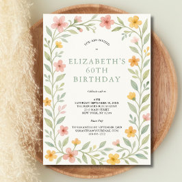 ピンク イエロー サージ グリーン 花 水彩 60歳の誕生日 招待状