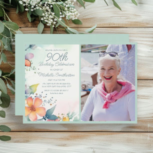 ピンク+イエロー+テイル+パステル+フラワーモチーフの90歳の誕生日記念写真 招待状