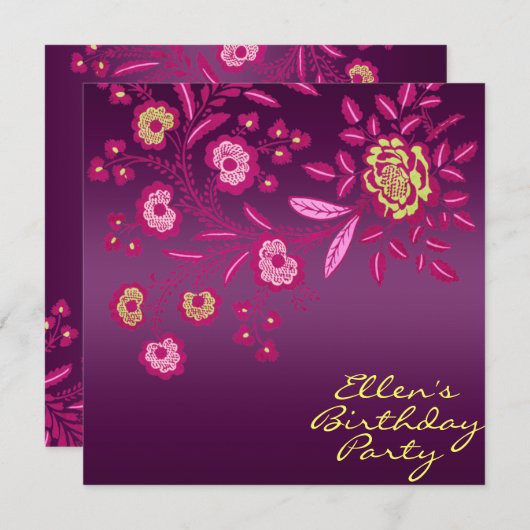 ピンク/イエロー&パープルフラワー誕生日招待状 招待状 (正面/裏面)