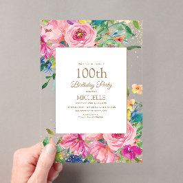 ピンク+イエロー+フラワー+ゴールドラメ 100歳の誕生日 アクリル招待状