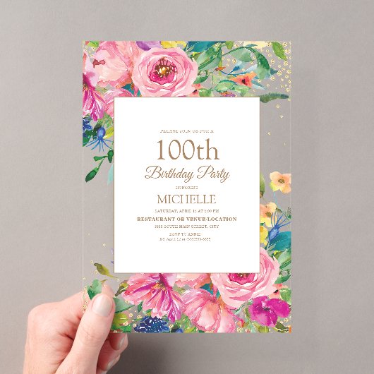 ピンク+イエロー+フラワー+ゴールドラメ 100歳の誕生日 アクリル招待状 (インサイチュ (ポータブル))