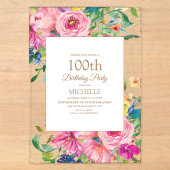 ピンク+イエロー+フラワー+ゴールドラメ 100歳の誕生日 アクリル招待状 (正面)