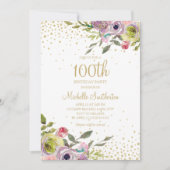 ピンク+イエロー+フラワー+ゴールドラメ 100歳の誕生日 招待状 (正面)