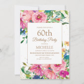ピンク+イエロー+フラワー+ゴールドラメ 60歳の誕生日 招待状 (正面)