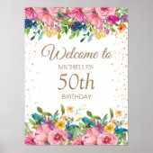 ピンク+イエロー+フラワー+ラメ 50歳の誕生日ウェルカム ポスター (正面)