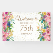 ピンク+イエロー+フラワー+ラメ 75歳の誕生日ウェルカム 横断幕 (横)