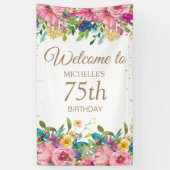 ピンク+イエロー+フラワー+ラメ 75歳の誕生日ウェルカム 横断幕 (縦)