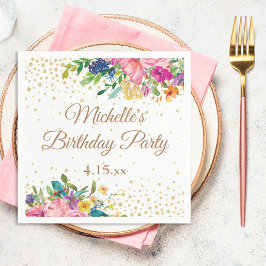 ピンク+イエロー+ブルーの花の誕生日 スタンダードカクテルナプキン