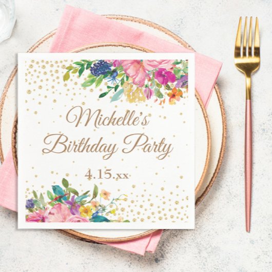 ピンク+イエロー+ブルーの花の誕生日 スタンダードカクテルナプキン