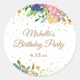 ピンク+イエロー+ブルーの花柄の誕生日パーティー ラウンドシール