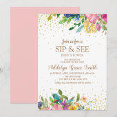 ピンク+イエロー+ブルーの花柄+ゴールドラメのSip+See 招待状 (正面/裏面)