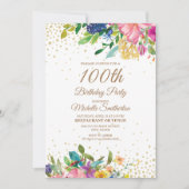 ピンク+イエロー+ブルーの花柄+ゴールドラメ+100歳の誕生日 招待状 (正面)
