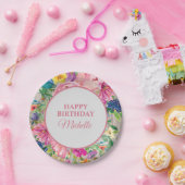 ピンク+イエロー+ブルーの花柄　レトロな木目調の誕生日 ペーパープレート (パーティー)