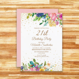 ピンク+イエロー+ブルーの花+ゴールドのラメでできた21歳の誕生日 招待状