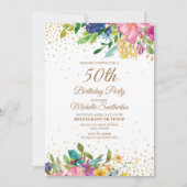 ピンク+イエロー+ブルーの花+ゴールドのラメで50歳の誕生日をお祝い 招待状 (正面)