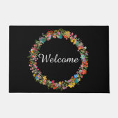 ピンク イエロー ブルー グリーン 花のリース ウェルカムマット ドアマット (正面)