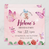ピンク イラスト 蝶の誕生日招待状 招待状 (正面/裏面)