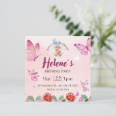 ピンク イラスト 蝶の誕生日招待状 招待状 (スタンド正面)