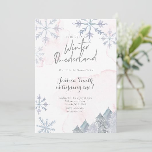 ピンク・ウィンター・オネダーランド1歳の誕生日の招待状 招待状 (スタンド正面)