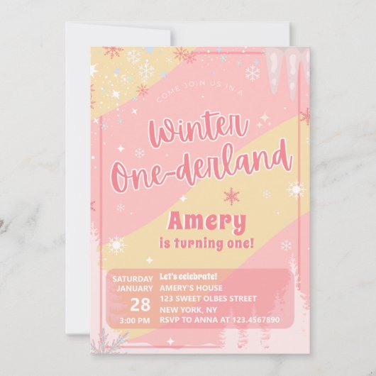 ピンク ウィンター ワンダーランド シルバー グリッター 1歳 誕生日 招待状 (正面)