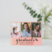 ピンク・ウォーターカラー3フォト卒業招待状 ポストカード (スタンド正面)