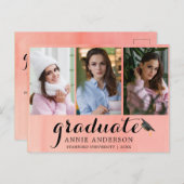 ピンク・ウォーターカラー3フォト卒業招待状 ポストカード (正面/裏面)