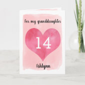 ピンク·ウォーターカラー·ハート14世誕生日孫娘 カード (正面)