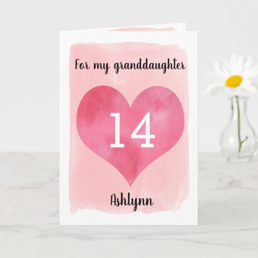 ピンク·ウォーターカラー·ハート14世誕生日孫娘 カード (小さな植物)