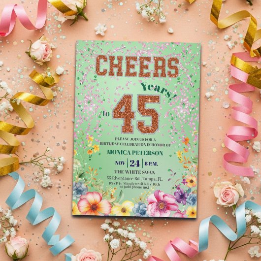 ピンク エメラルド グリッター フラワー 45歳の誕生日パーティー 招待状