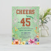 ピンク エメラルド グリッター フラワー 45歳の誕生日パーティー 招待状 (スタンド正面)