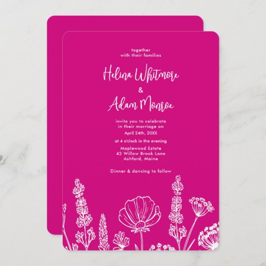 ピンク | エレガントな野生の花 ウェディング 招待状 (正面/裏面)