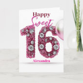 ピンク&エレガントシルバーグリッタリングジェムストーン甘い16 カード (正面)